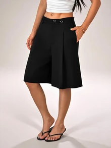 SHEIN PETITE Fashionable Versatile Commuter Solid Color Bermuda Shorts - Black - View 5