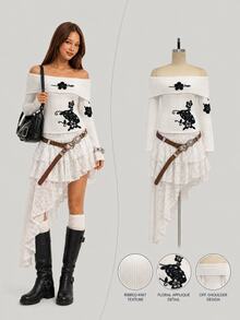 Elamini Off Shoulder Foldover Front Asymmetrical Hem Sweater Dress Without Belt - White - View 5