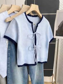 SHEIN Franclia 休闲宽松圆领短袖针织上衣，前系带设计，撞色滚边，卡其色，春夏女装蓝色夏季上衣，浅蓝色上衣，浅蓝色女式上衣，蓝色开衫，蓝色短袖上衣，法式衬衫，可爱女式上衣，水手风上衣，最新款女式上衣，新款女式上衣和衬衫，职业衬衫，休闲女式上衣，优雅 - 彩色 - 查看 5