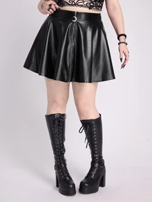 ROMWE Goth 大码女式拉链街头风PU皮迷你裙，百搭 - 黑色 - 查看 3