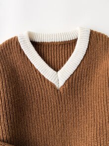 SHEIN 女童新款時尚條紋長袖針織套衫與長褲休閒套裝，秋季套頭衫 - 咖啡棕 - 查看 5