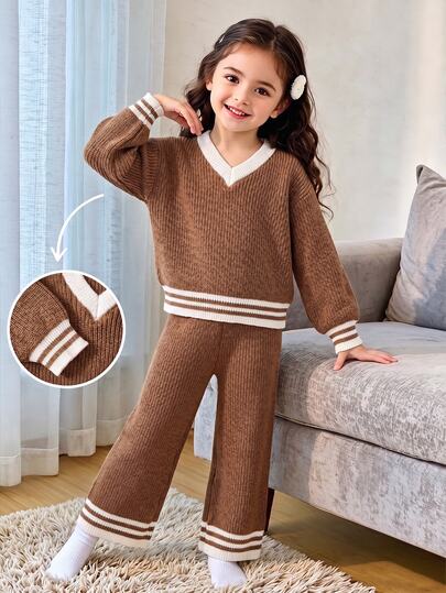 SHEIN Young Girl New Fashion Striped Long Sleeve Sweater And Knitted Pants Casual Set Autumn Fall
