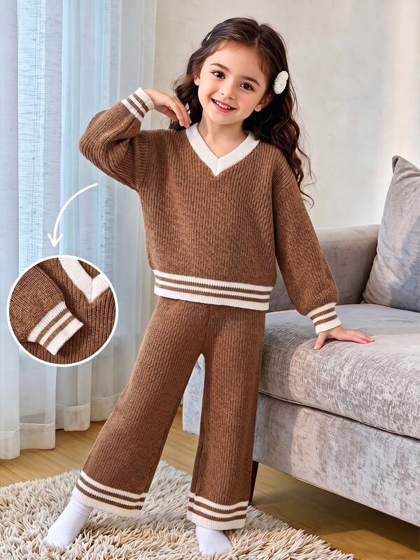 SHEIN Young Girl New Fashion Striped Long Sleeve Sweater And Knitted Pants Casual Set Autumn Fall