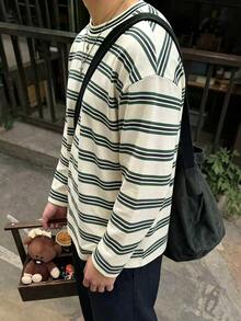 Resyla Men 男士休閒街頭風條紋長袖T恤，秋季度假風米白色 - 彩色 - 查看 3