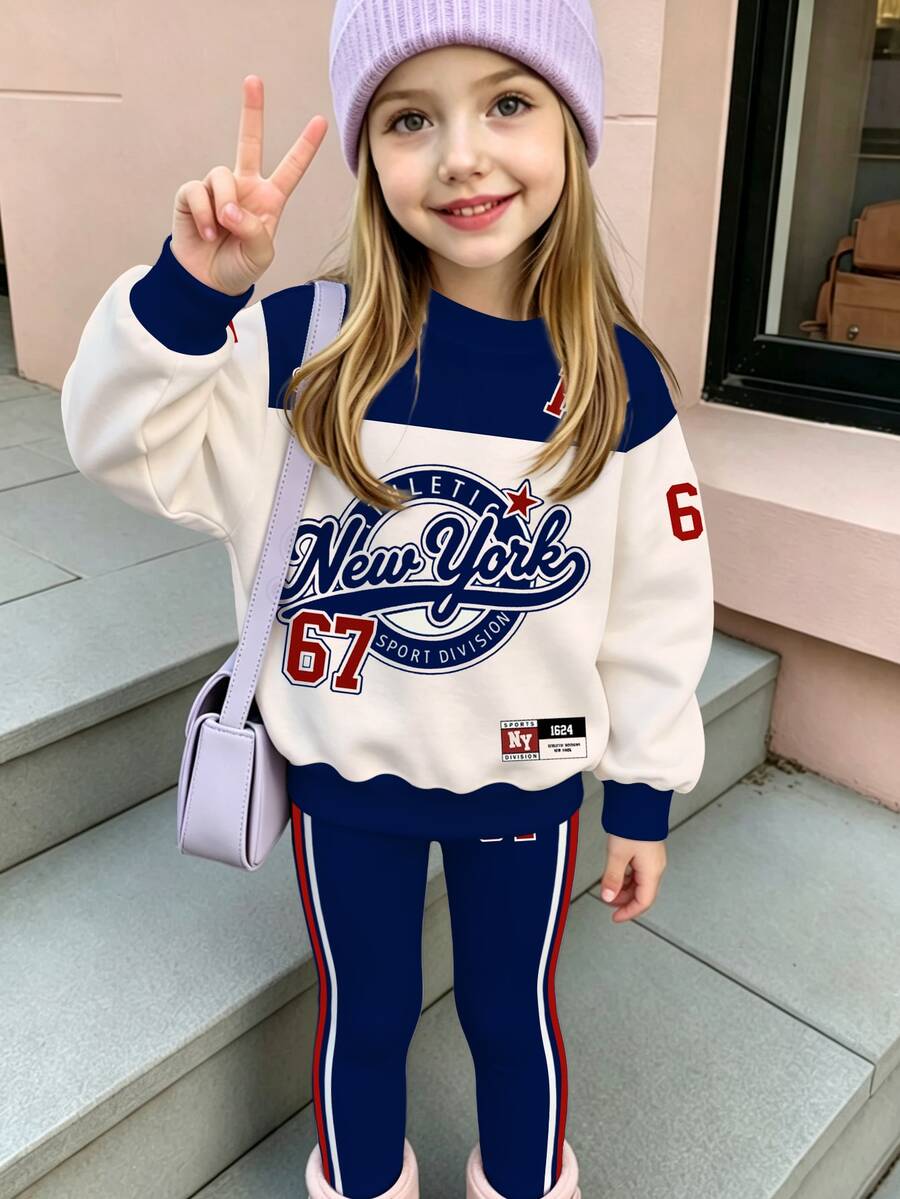 SHEIN 1套少女活力街頭風海軍藍白對比 NewYork67 數字字母長袖圓領上衣+內搭褲套裝 生日秋季穿搭 - 彩色 - 查看 1