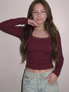 青少年女孩蕾絲方領簡約百搭舒適時尚上衣，適合日常穿著、派對、外出，秋冬款 - 酒紅色 - 查看 4