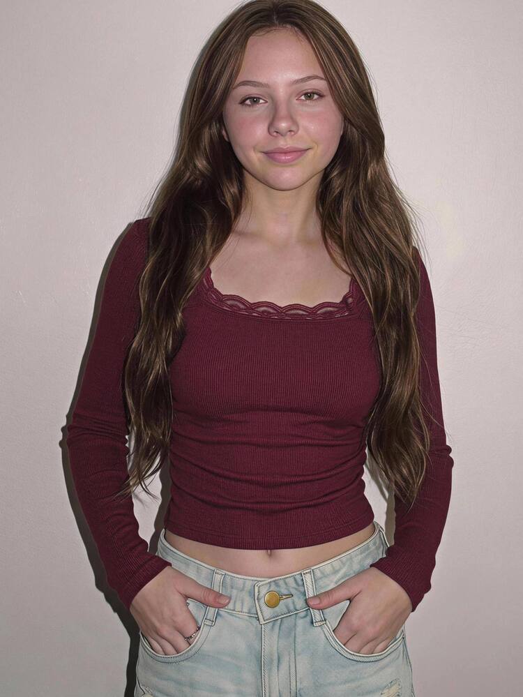 Tween Girl Lace Square Neck Simple Versatile Comfortable Fashion Top Suitable For Daily Wear, Party, Outing Fall/Winter - Burgundy - View 5
