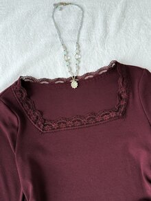 青少年女孩蕾絲方領簡約百搭舒適時尚上衣，適合日常穿著、派對、外出，秋冬款 - 酒紅色 - 查看 8