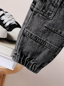 SHEIN 男嬰復古寬鬆街頭風多口袋鬆緊腰抽繩淺綠深棕牛仔工裝長褲，秋季 - 黑色 - 查看 6