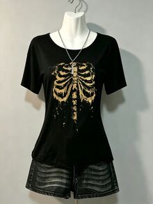 Lalippa 女款休閒哥德風 Grunge 圓領短袖 T 恤，黑金花卉字母印花，萬聖節亡靈節穿搭，夏季夜晚穿著 - 彩色 - 查看 1