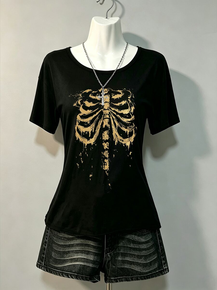 Lalippa 女款休閒哥德風 Grunge 圓領短袖 T 恤,黑金花卉字母印花,萬聖節亡靈節穿搭,夏季夜晚穿著 - 彩色 - 查看 1