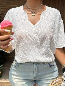 Livesso V-Neck Elegant Lace Blouse, Oblique Placket Short Sleeve, Plus Size Women White Shirt, Spring/Summer - White - View 5