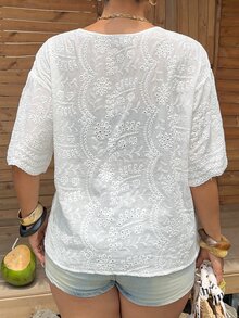 Livesso V-Neck Elegant Lace Blouse, Oblique Placket Short Sleeve, Plus Size Women White Shirt, Spring/Summer - White - View 6