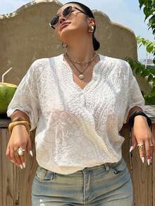 Livesso V-Neck Elegant Lace Blouse, Oblique Placket Short Sleeve, Plus Size Women White Shirt, Spring/Summer - White - View 2