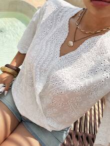 Livesso V-Neck Elegant Lace Blouse, Oblique Placket Short Sleeve, Plus Size Women White Shirt, Spring/Summer - White - View 4