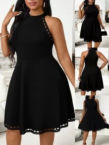 Villa Velisse Plus Size Women Solid Color Halter Elegant Black Dress,Summer Autumn Curve Short Cocktail Dresses,Classy Fashion Casual Cute Short Dresses For Women - Black - View 1