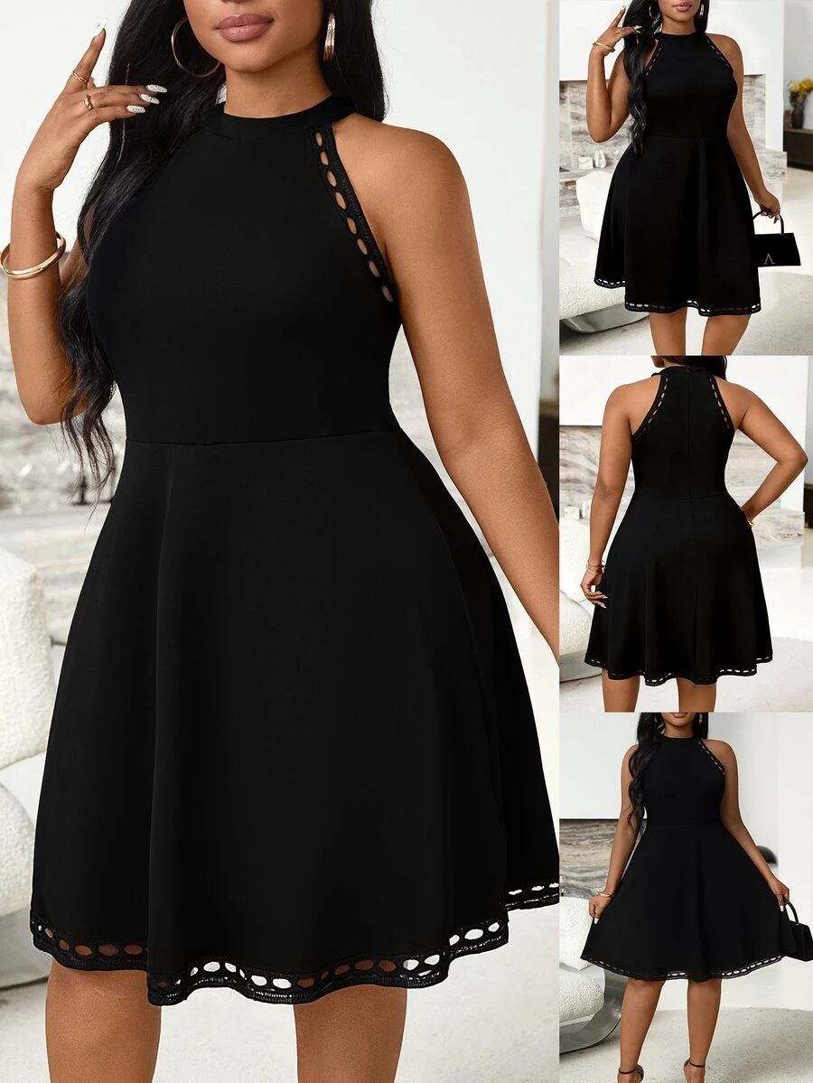 Villa Velisse Plus Size Women Solid Color Halter Elegant Black Dress,Summer Autumn Curve Short Cocktail Dresses,Classy Fashion Casual Cute Short Dresses For Women - Black - View 1