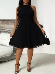Villa Velisse Plus Size Women Solid Color Halter Elegant Black Dress,Summer Autumn Curve Short Cocktail Dresses,Classy Fashion Casual Cute Short Dresses For Women - Black - View 5