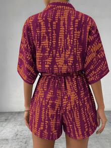EMERY ROSE Printed Batwing Sleeve Tie Collar Jumpsuit For Women Casual Romper Short Sleeve Romper Women Romper Summer Vacation Romper - Multicolor - View 2