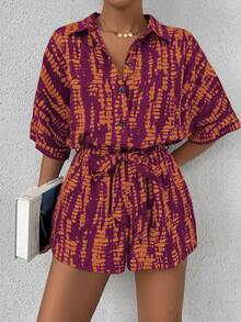 EMERY ROSE Printed Batwing Sleeve Tie Collar Jumpsuit For Women Casual Romper Short Sleeve Romper Women Romper Summer Vacation Romper - Multicolor - View 6
