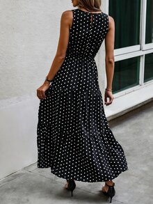 EMERY ROSE Polka Dot Sleeveless Ruffle Hem A-Line Dress Maxi Women Outfit - Black - View 2
