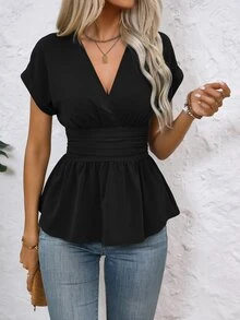 EMERY ROSE Women's Solid Color Ruched Waist V-Neck Batwing Short Sleeve Casual Peplum Shirt Blouse, Summer Resort Wear - Black - View 10