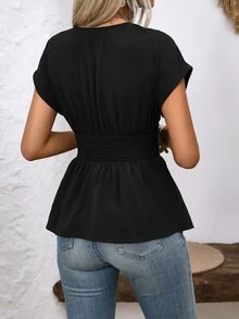 EMERY ROSE Women's Solid Color Ruched Waist V-Neck Batwing Short Sleeve Casual Peplum Shirt Blouse, Summer Resort Wear - Black - View 2