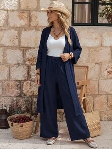 EMERY ROSE 2pcs Set Women Loose Linen Casual Long Jacket And Pants, Autumn Fall Cloth For Women - Navy Blue - View 1