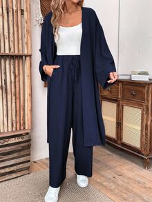 EMERY ROSE 2pcs Set Women Loose Linen Casual Long Jacket And Pants, Autumn Fall Cloth For Women - Navy Blue - View 5