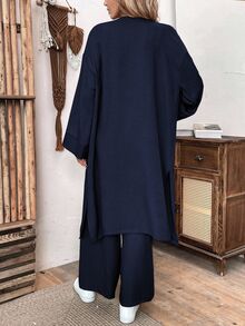 EMERY ROSE 2pcs Set Women Loose Linen Casual Long Jacket And Pants, Autumn Fall Cloth For Women - Navy Blue - View 4