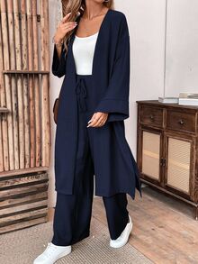 EMERY ROSE 2pcs Set Women Loose Linen Casual Long Jacket And Pants, Autumn Fall Cloth For Women - Navy Blue - View 2