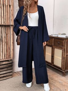 EMERY ROSE 2pcs Set Women Loose Linen Casual Long Jacket And Pants, Autumn Fall Cloth For Women - Navy Blue - View 3