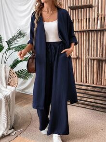 EMERY ROSE 2pcs Set Women Loose Linen Casual Long Jacket And Pants, Autumn Fall Cloth For Women - Navy Blue - View 6