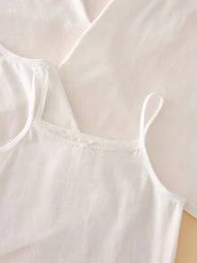 SHEIN 4件組女童白色棉質舒適極簡蕾絲飾邊蝴蝶結花卉印花細肩帶背心，柔軟光滑針織面料，休閒日常穿著，適合四季 - 白色 - 查看 5
