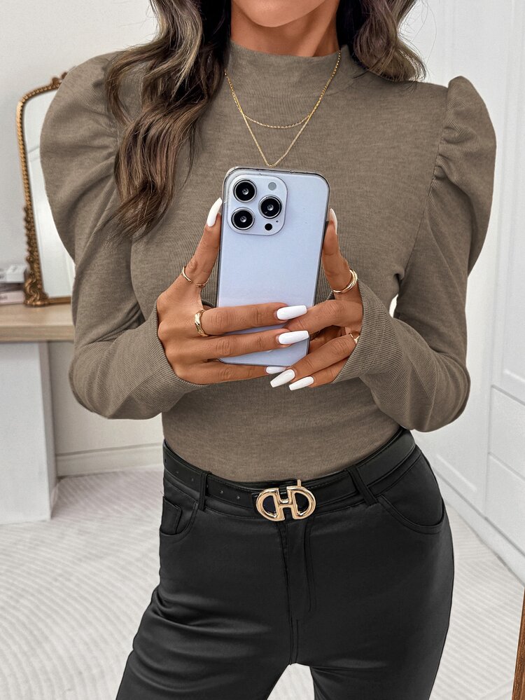 Editum Women's Autumn/Winter Elegant High Neck Gigot Sleeve Knitted Thermal-Lined Taupe T-Shirt, Suitable For Daily Wear And Multiple Occasions Everyday - Coffee Brown - View 6