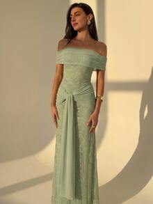 Aloruh Women's Off-Shoulder Lapel Mesh Contrast Lace Dress Wedding Dinner Sage Green Summer Romantic Elegant - Green - View 2