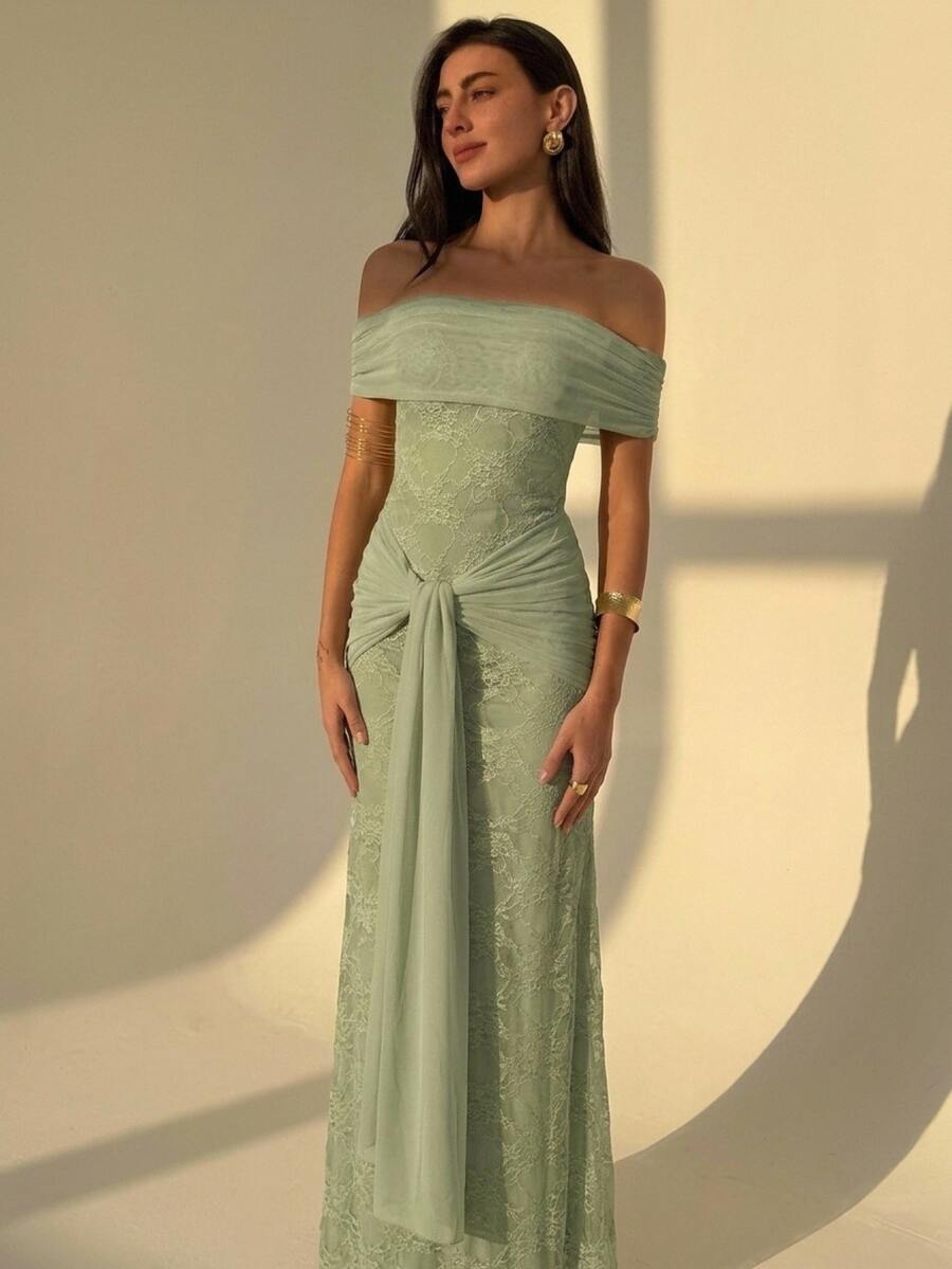 Aloruh Women's Off-Shoulder Lapel Mesh Contrast Lace Dress Wedding Dinner Sage Green Summer Romantic Elegant