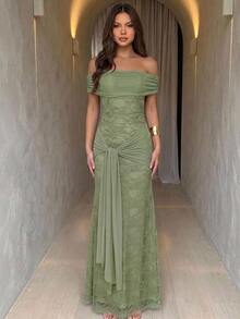 Aloruh Women's Off-Shoulder Lapel Mesh Contrast Lace Dress Wedding Dinner Sage Green Summer Romantic Elegant - Green - View 6