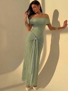 Aloruh Women's Off-Shoulder Lapel Mesh Contrast Lace Dress Wedding Dinner Sage Green Summer Romantic Elegant - Green - View 4