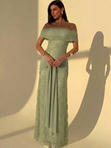 Aloruh Women's Off-Shoulder Lapel Mesh Contrast Lace Dress Wedding Dinner Sage Green Summer Romantic Elegant - Green - View 5