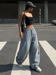 Muchica Spring & Summer Y2K Baggy Jeans, Casual Streetwear Letter Embroidery Wide Leg Balloon Denim Pants - Light Wash - View 3