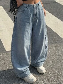 Muchica Spring & Summer Y2K Baggy Jeans, Casual Streetwear Letter Embroidery Wide Leg Balloon Denim Pants - Light Wash - View 5