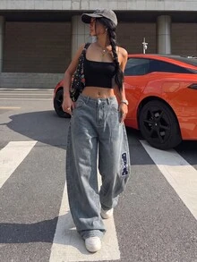 Muchica Spring & Summer Y2K Baggy Jeans, Casual Streetwear Letter Embroidery Wide Leg Balloon Denim Pants - Light Wash - View 4