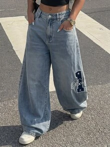 Muchica Spring & Summer Y2K Baggy Jeans, Casual Streetwear Letter Embroidery Wide Leg Balloon Denim Pants - Light Wash - View 1