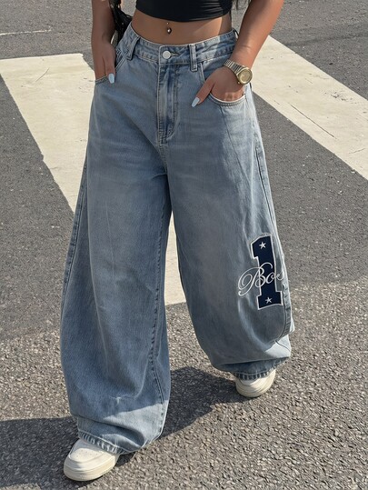 Muchica Spring & Summer Y2K Baggy Jeans, Casual Streetwear Letter Embroidery Wide Leg Balloon Denim Pants