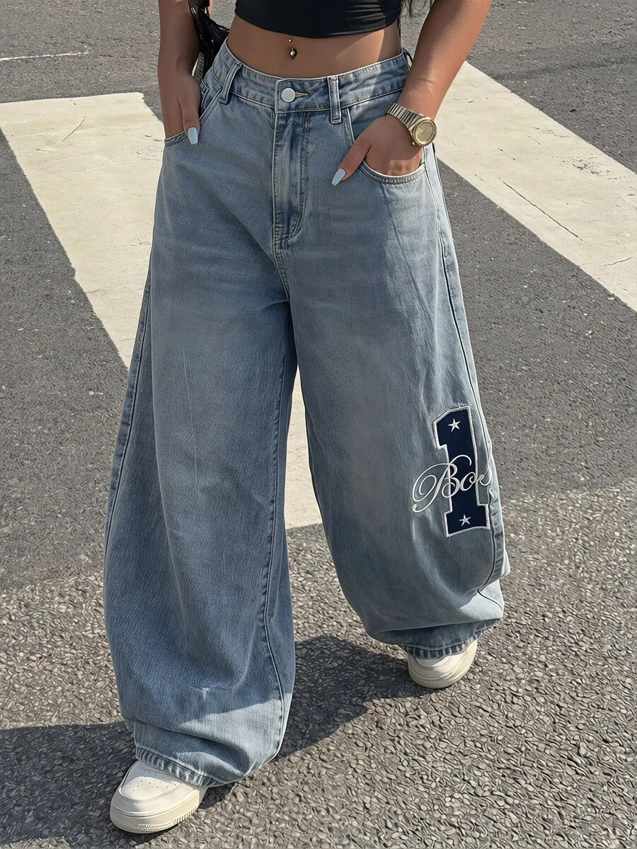 Muchica Spring & Summer Y2K Baggy Jeans, Casual Streetwear Letter Embroidery Wide Leg Balloon Denim Pants - Light Wash - View 1