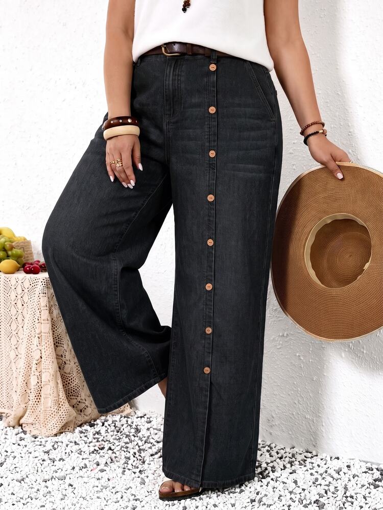 EMERY ROSE EMERY ROSE Plus Size Women's Wide Leg Loose Fit Denim Jeans With Pocket And Button Design - Black - View 2