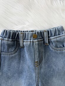男嬰秋冬休閒款柔軟保暖藍色丹寧刷毛內裡錐形牛仔褲，適合嬰兒日常穿著與街頭穿搭，幼兒牛仔褲，保暖牛仔褲 - 中等水洗藍 - 查看 5