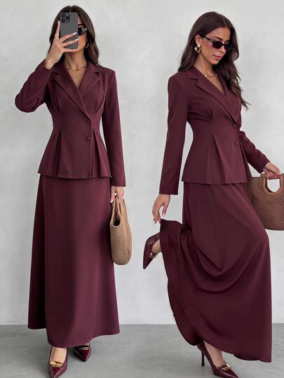 Firerie Women's Casual Solid Color Overlap V-Neck Long Sleeve Metal Button Decor Simple Commuter Notched Collar Cinched Waist Blazer And Long Skirt Two Pieces Set, Fashionable Burgundy Suit, Professional Commuter Women's Suit, Elegant, Commuter, Work Outfit, Women's Teacher Uniform