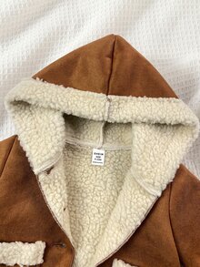 SHEIN Baby Girl Woven Colorblock Hooded Casual Autumn Winter Jacket With Dual Pockets - Brown - View 3